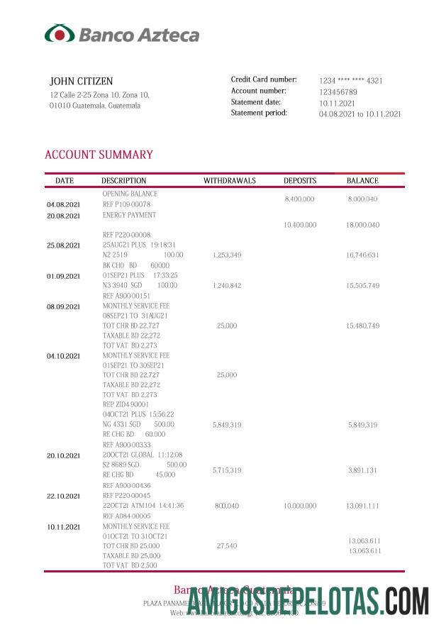 Guatemala Azteca extrato bancário amostra